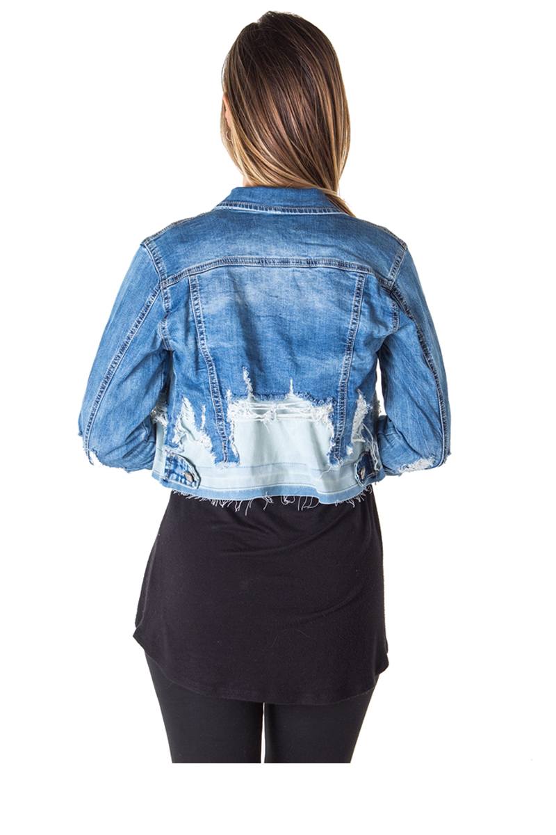 Ladies fashion cropped distress denim jacket