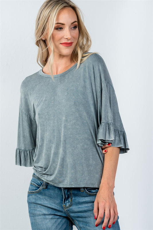 Ladies fashion loose fit ruffle short sleeves with back-tie top
