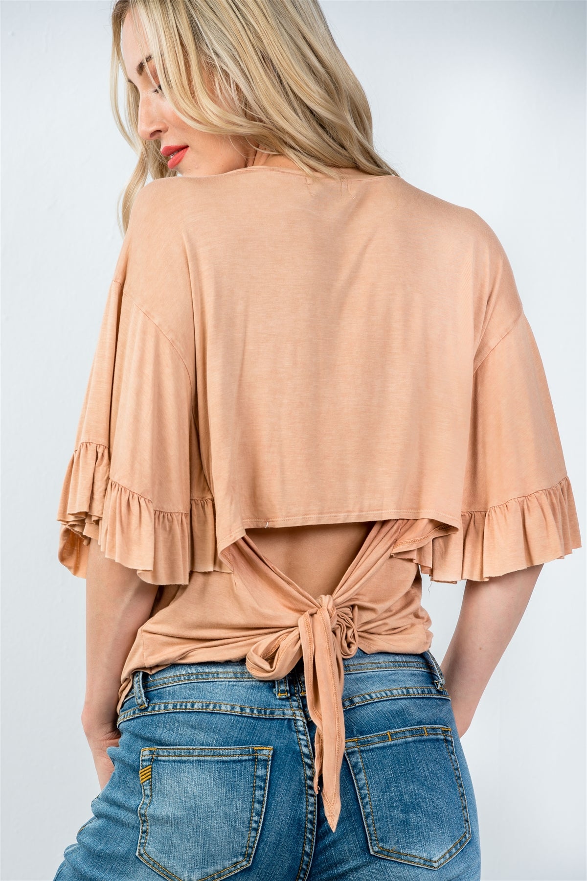 Ladies fashion loose fit ruffle short sleeves with back-tie top