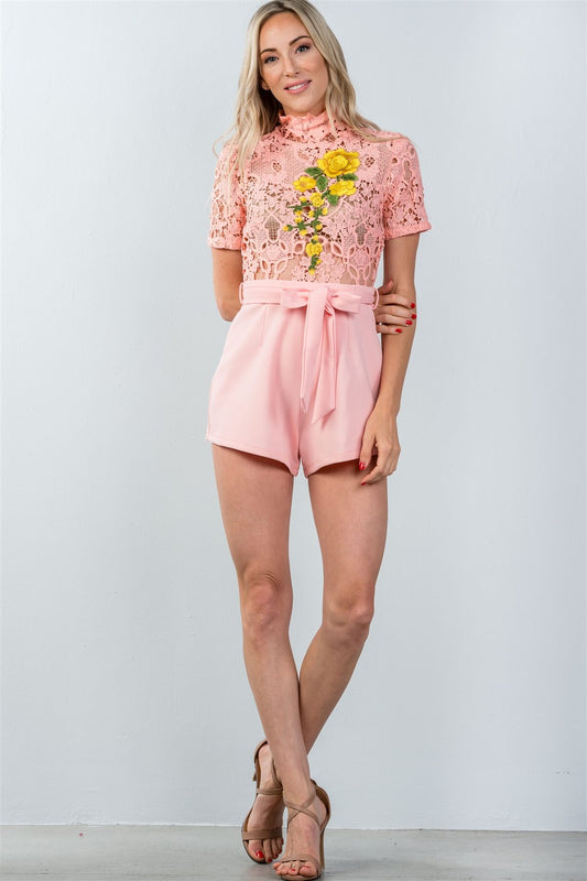 Ladies fashion high neck long sleeves floral embroidered crochet belted romper