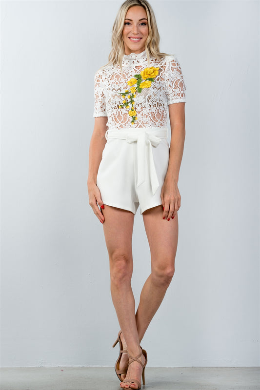 Ladies fashion high neck long sleeves floral embroidered crochet belted romper