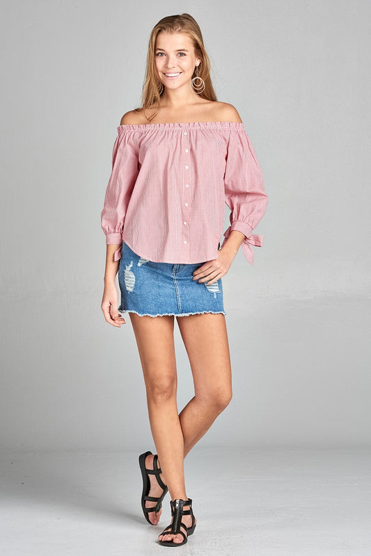 Ladies fashion sleeve tie off the shoulder stripe cotton top