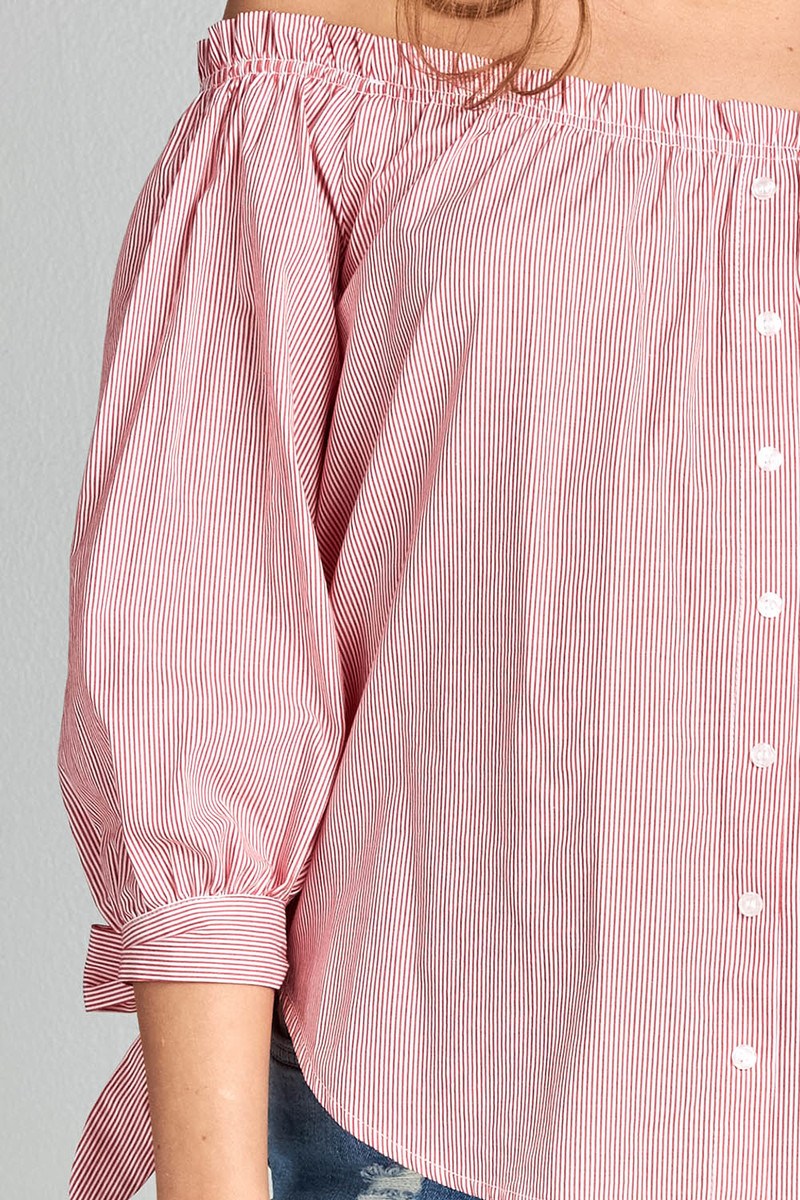 Ladies fashion sleeve tie off the shoulder stripe cotton top