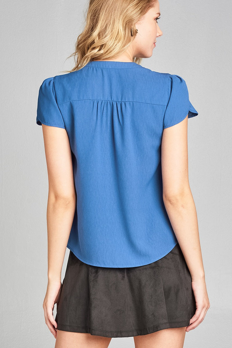 Ladies fashion tulip sleeve v-neck self tie w/eyelet detail front button woven top