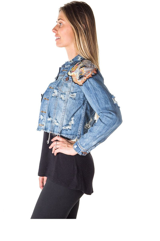 Ladies fashion cropped, distress, embroidered tiger denim jacket