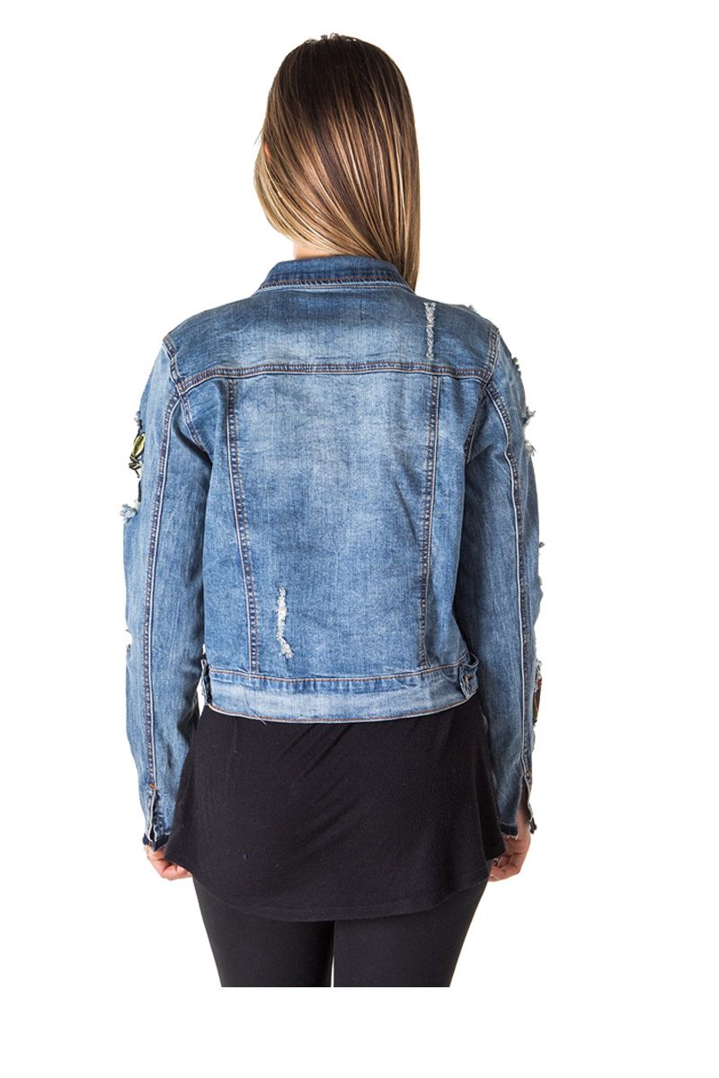 Ladies fashion distress, embroidered denim jacket