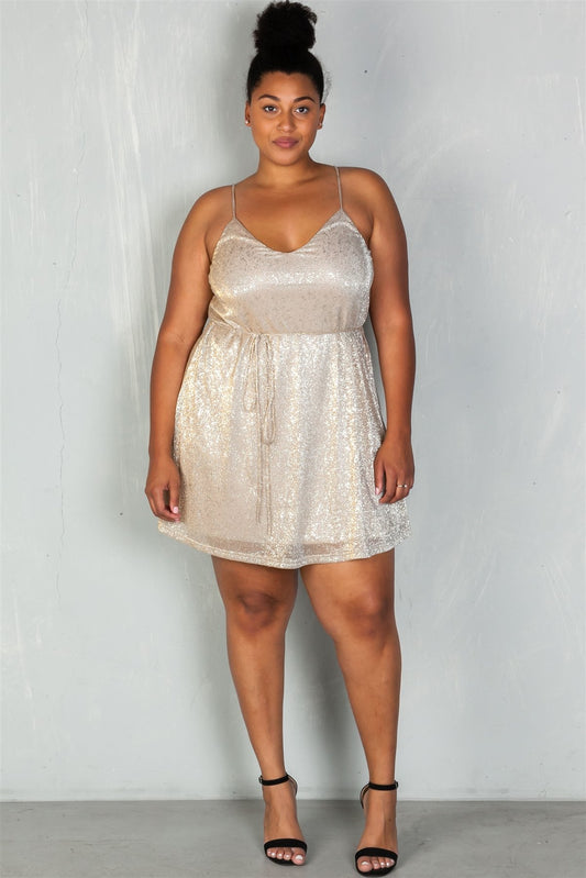 Ladies fashion plus size old spaghetti self-tie waist mini dress