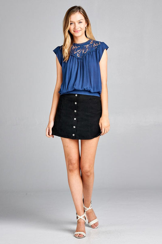 Ladies fashion ruffle sleeve front lace back button w/self tie woven top