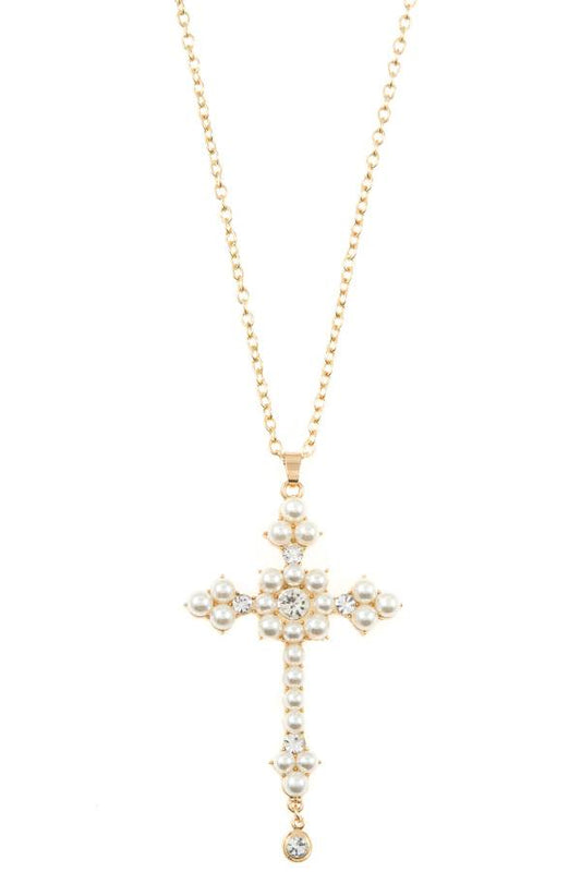 Ladies pearl accent cross pendant long necklace