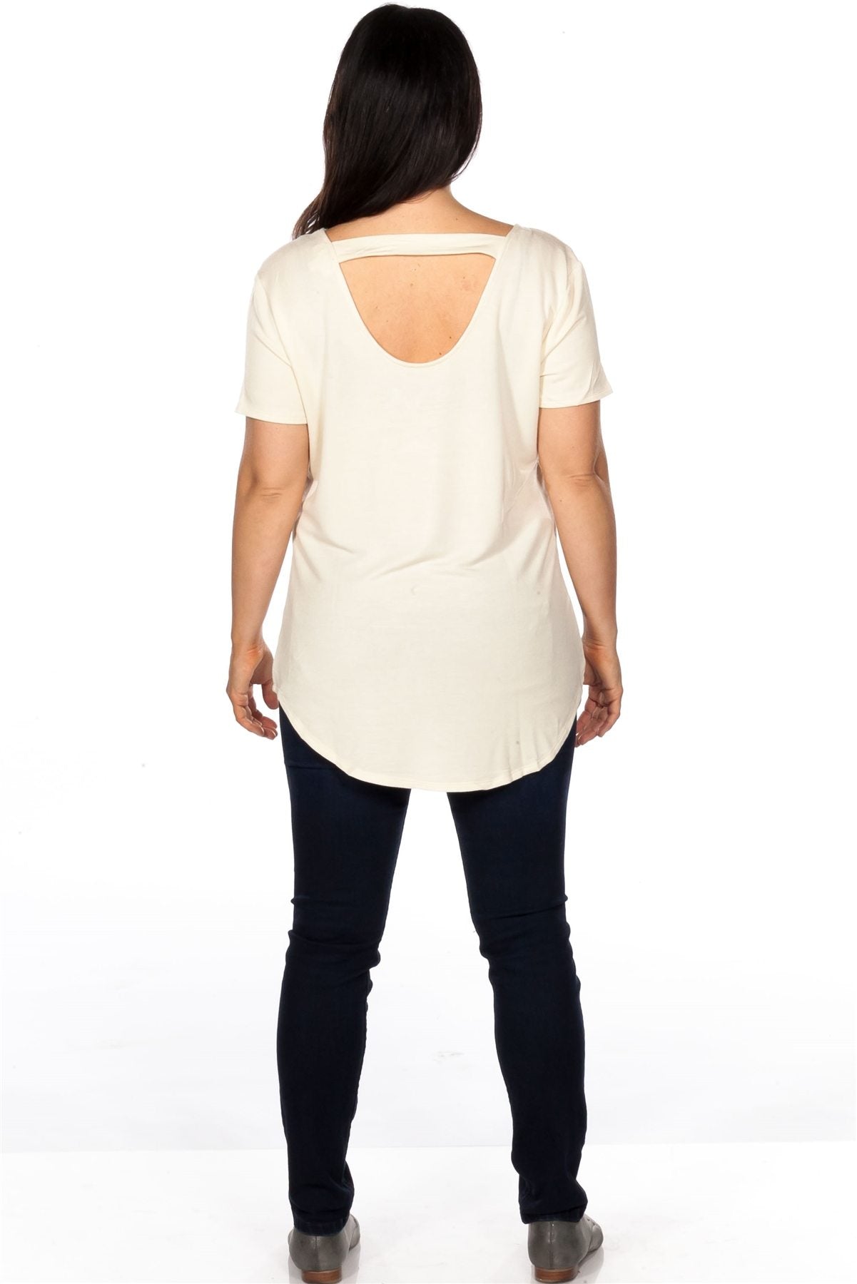 Ladies fashion plus size short sleeve off white back cut out graphic top