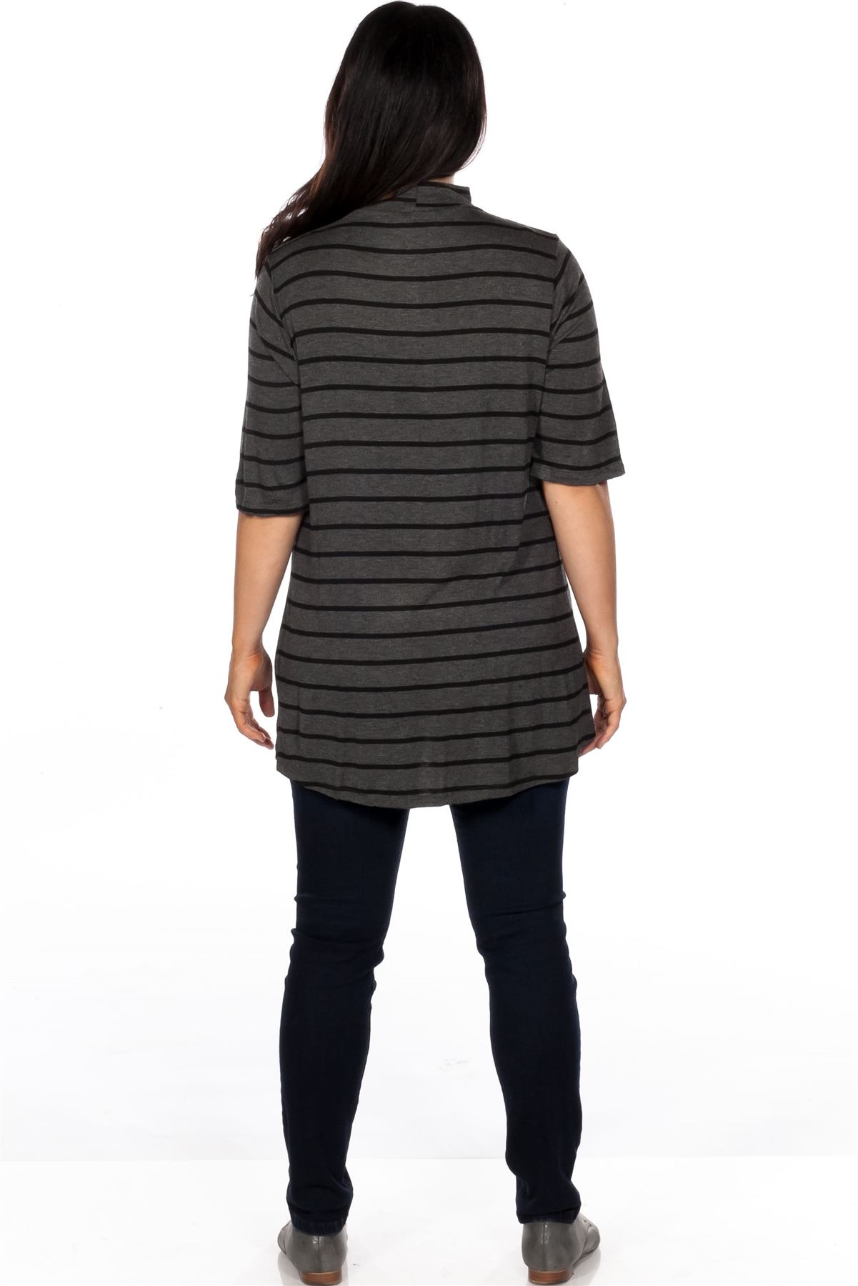Ladies fashion plus size mock neck choker keyhole stripe asymmetric top