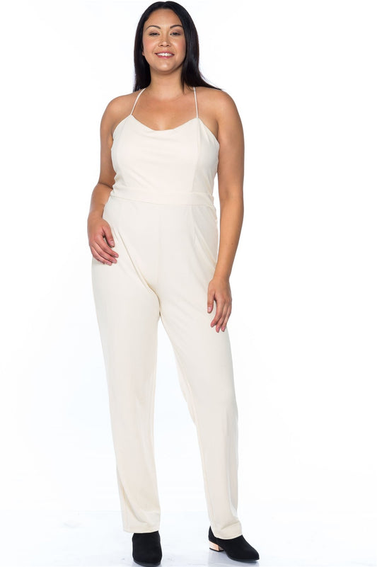 Ladies fashion plus size ivory thin straps v neck x cross back zipper jumpsuit