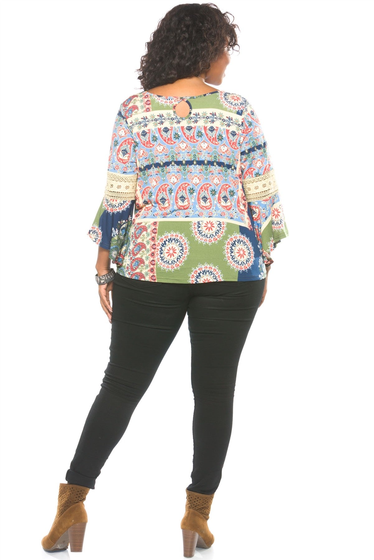 Ladies fashion plus size boho multi color boho contemporary bell sleeve top