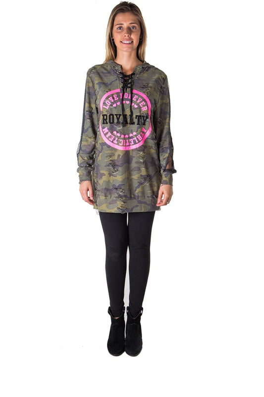 Ladies fashion mesh hoody sweatshirt tunic tops with applique, distress and lace up
