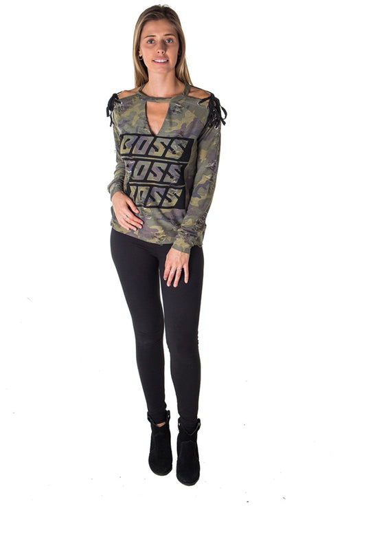 Ladies fashion choker lace up cold shoulder sweatshirt top with applique