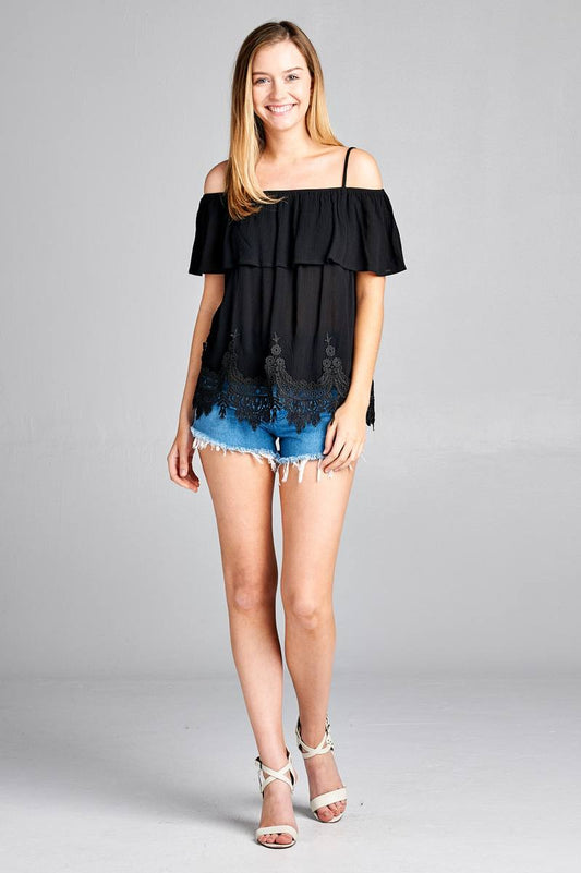 Ladies fashion flounce open shoulder w/hem crochet lace crinkle gauze woven top