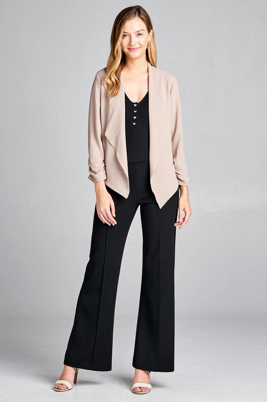 Ladies fashion shirring sleeve open front w/lapel woven jacket