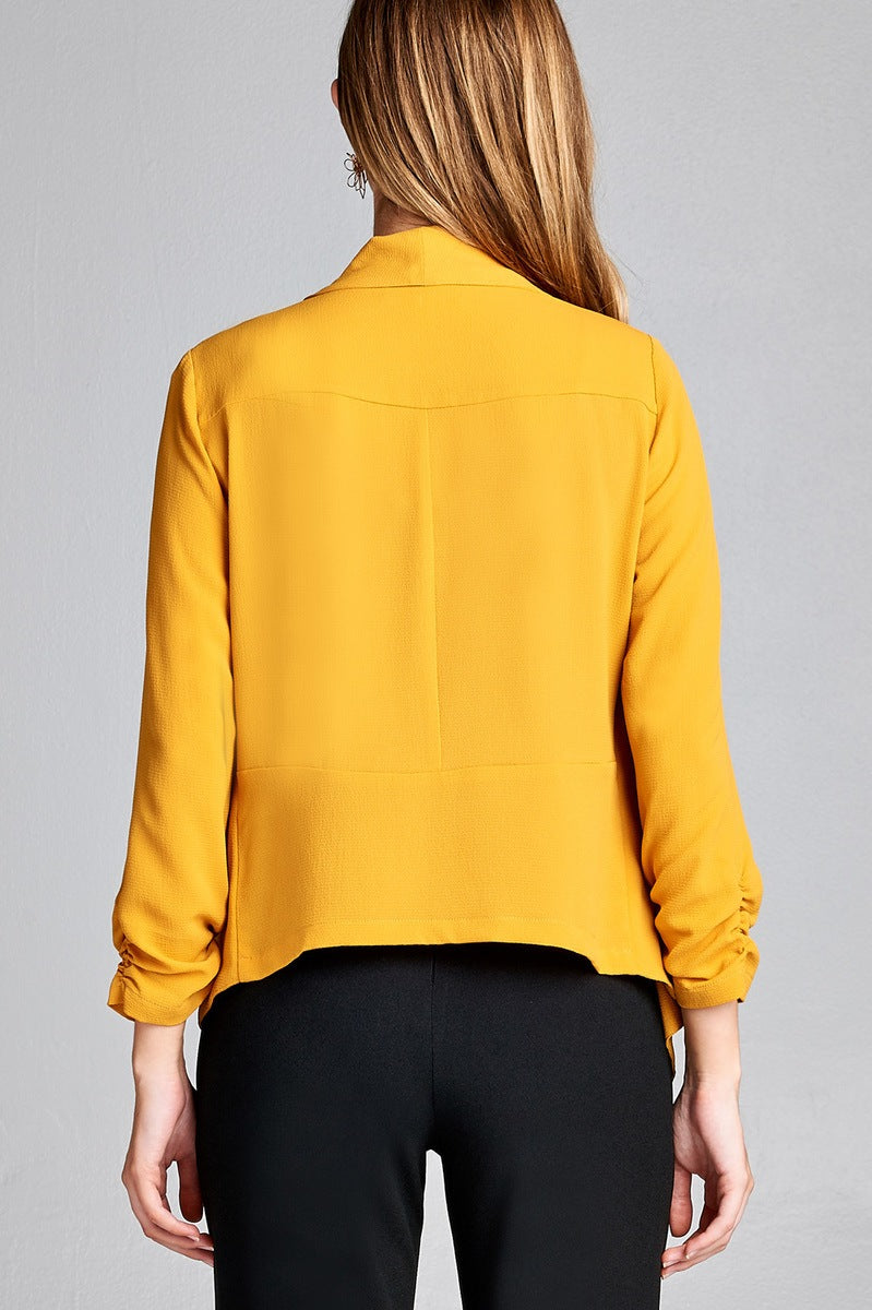 Ladies fashion shirring sleeve open front w/lapel woven jacket