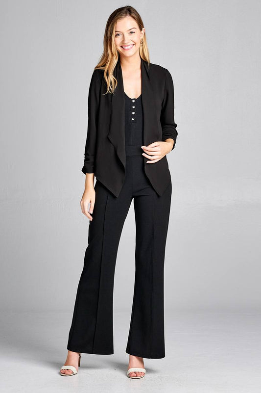 Ladies fashion shirring sleeve open front w/lapel woven jacket