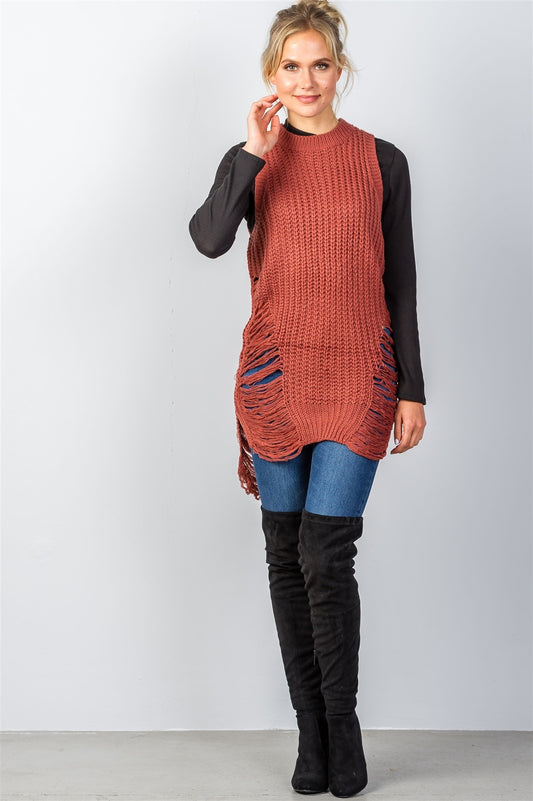 Ladies fashion round neckline sleeveless sweater knit distress sides dress