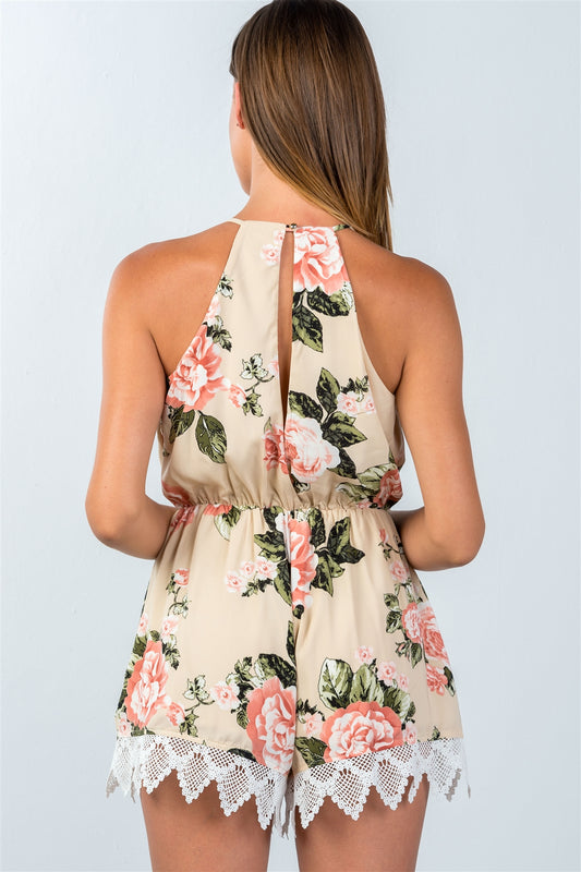 Ladies fashion all over flower print sleeveless crochet trim romper