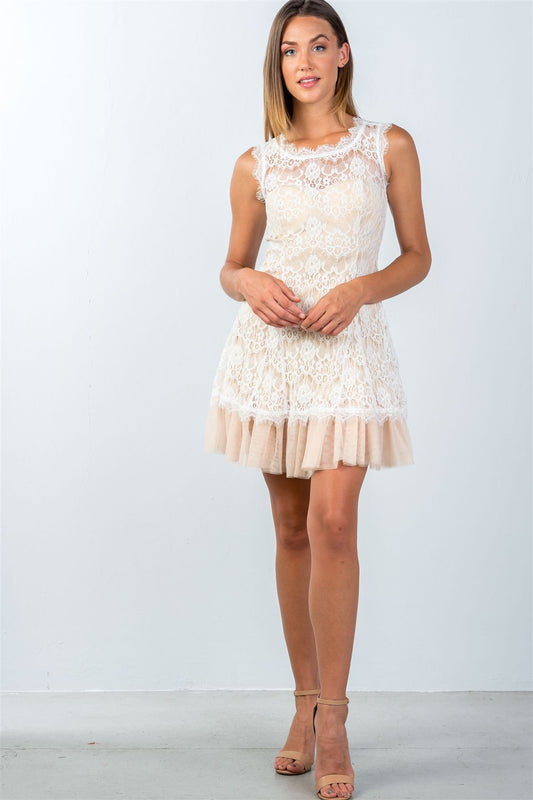 Ladies fashion sleeveless lace contrast tulle hem mini dress