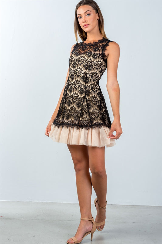 Ladies fashion sleeveless lace contrast tulle hem mini dress
