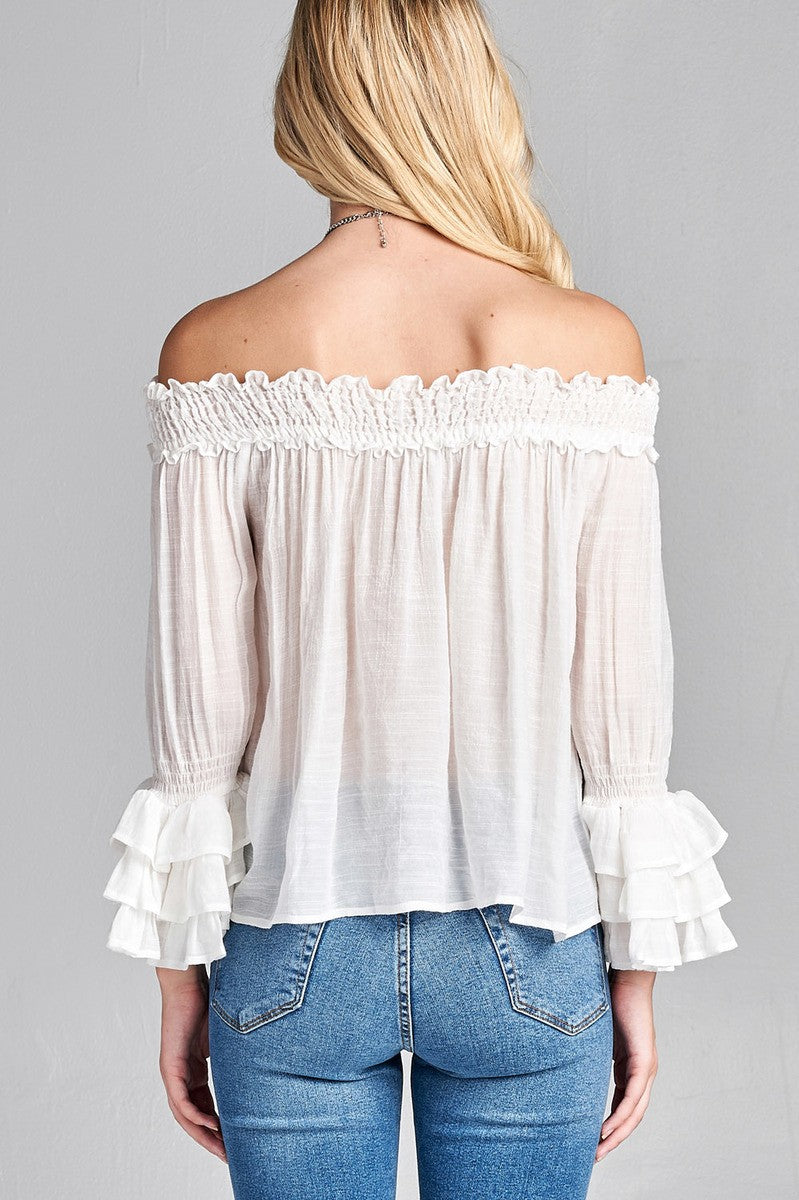 Ladies fashion plus size long sleeve w/ruffle off the shoulder woven top