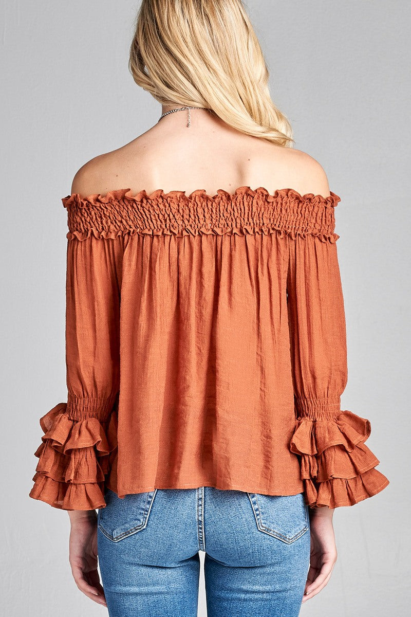 Ladies fashion plus size long sleeve w/ruffle off the shoulder woven top
