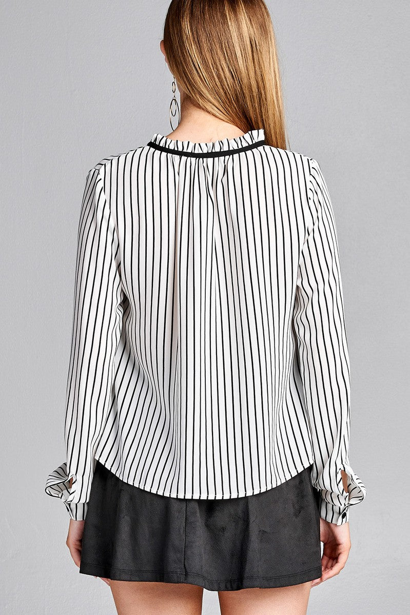Ladies fashion plus size long sleeve contrast tie stripe wool dobby woven top