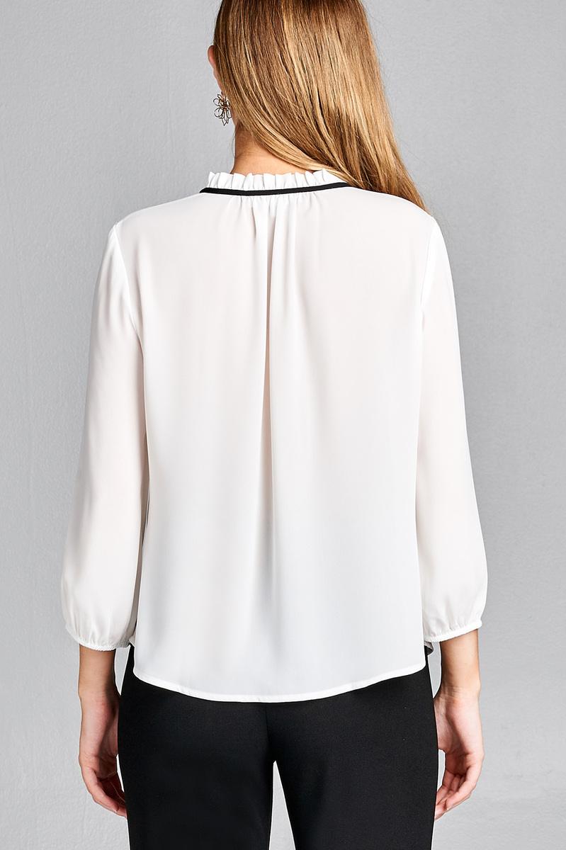 Ladies fashion plus size 3/4 sleeve contrast color tie woven top