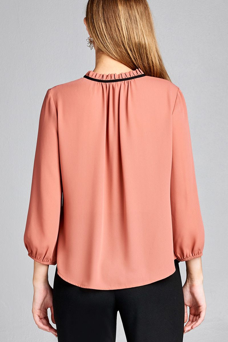 Ladies fashion plus size 3/4 sleeve contrast color tie woven top