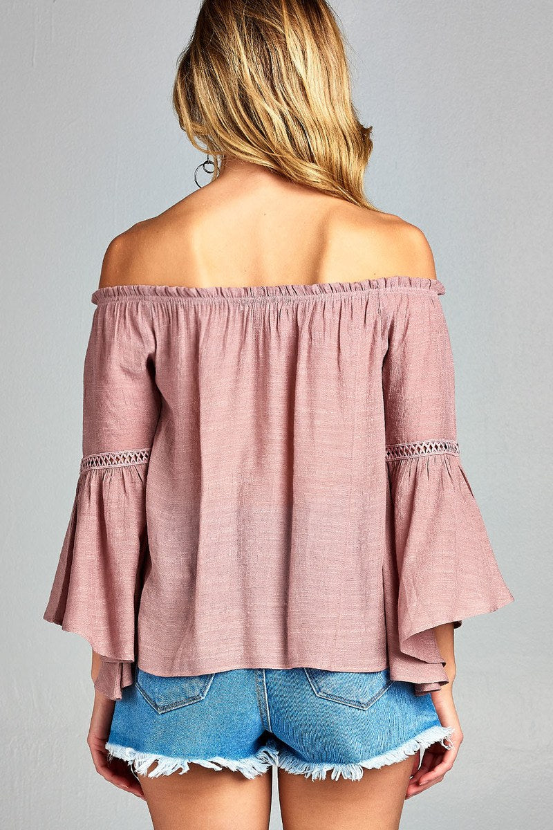 Ladies fashion plus size 3/4 bell sleeve w/lace trim off the shoulder slub gauze woven top