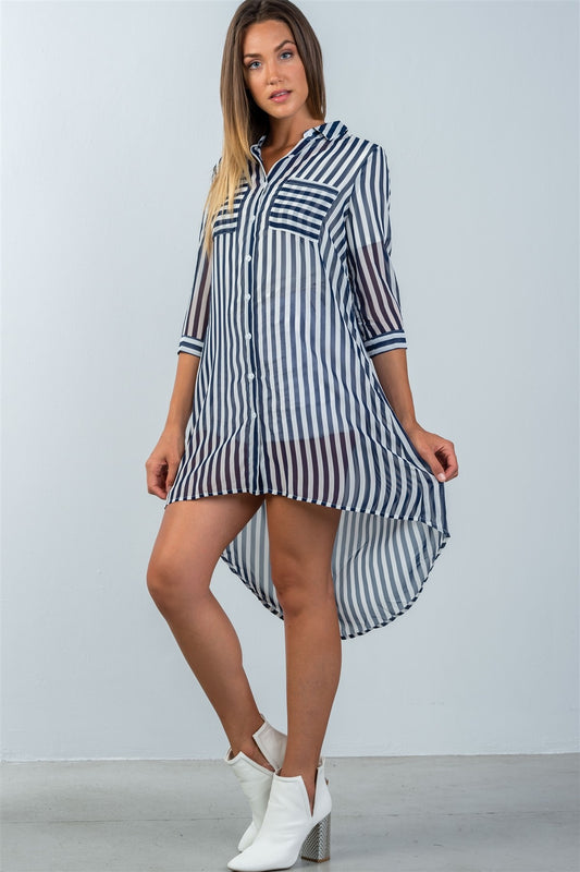 Ladies fashion 3/4 sleeve semi sheer striped hi-low blouse