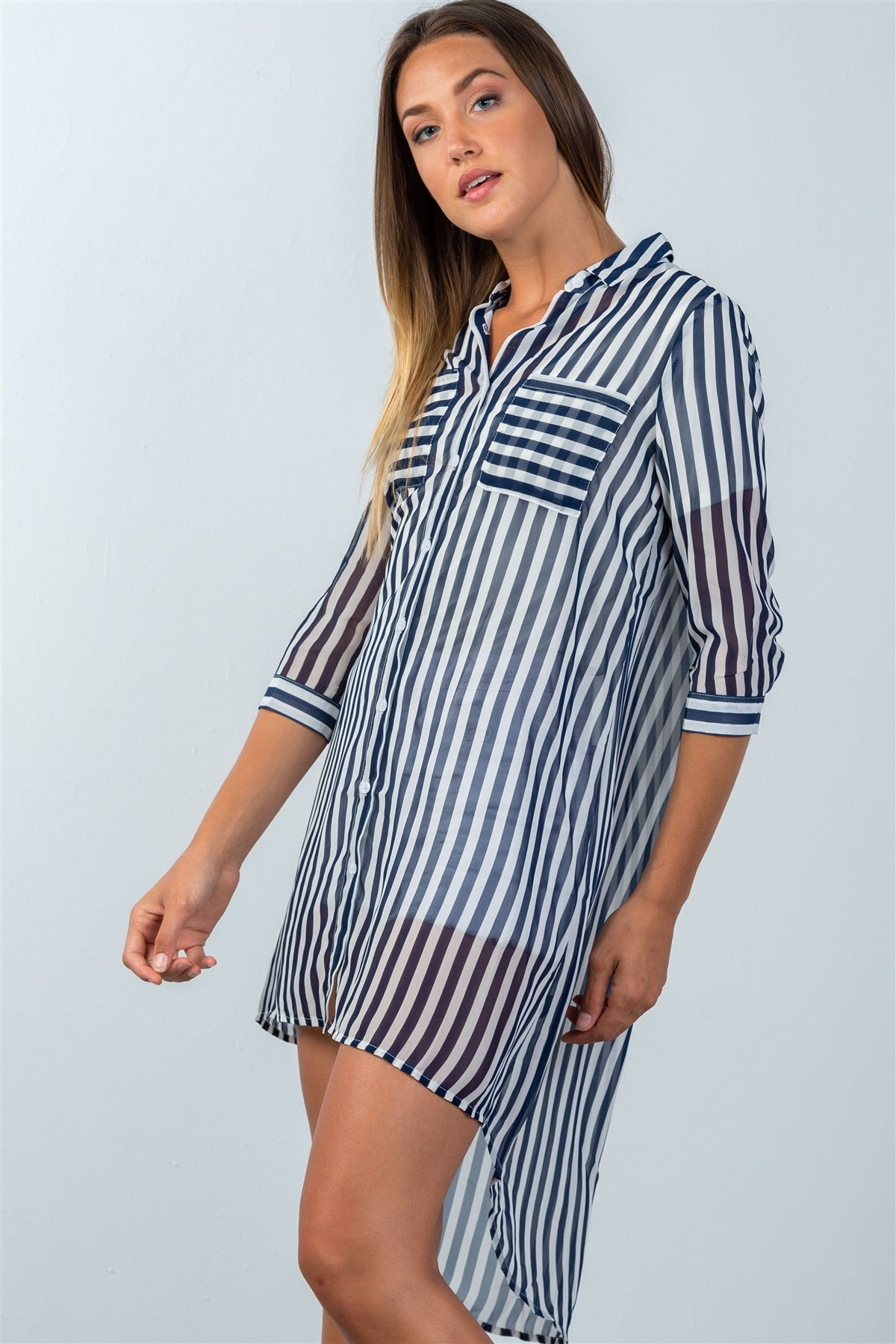 Ladies fashion 3/4 sleeve semi sheer striped hi-low blouse