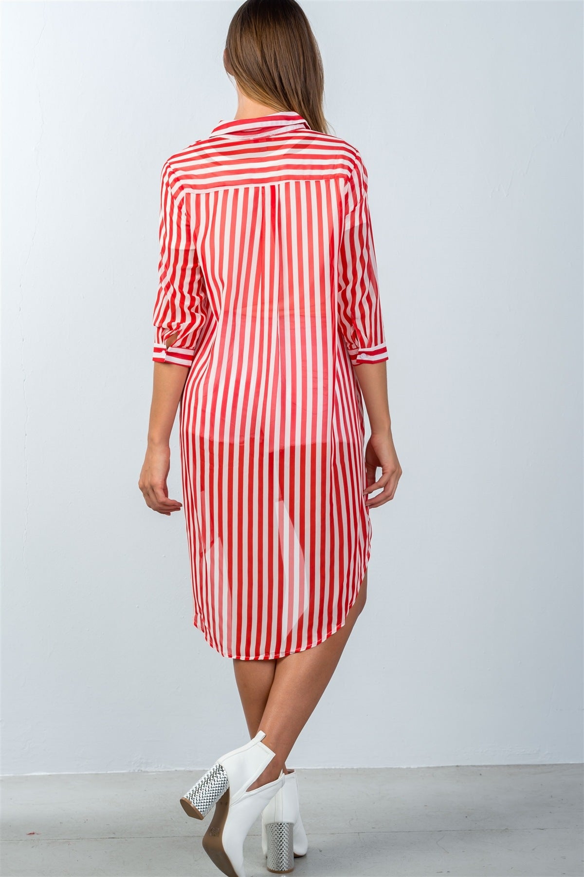Ladies fashion 3/4 sleeve semi sheer striped hi-low blouse