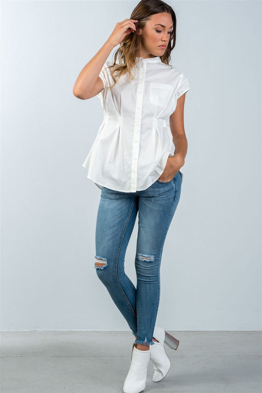 Ladies fashion round neckline white one pocket cap sleeve blouse