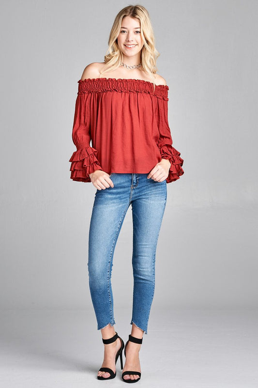 Ladies fashion long sleeve w/ruffle off the shoulder woven top
