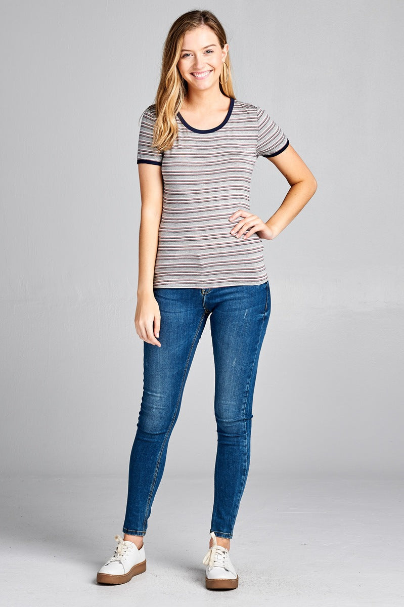 Ladies fashion short sleeve round neck yarn dye stripe rayon spandex jersey top