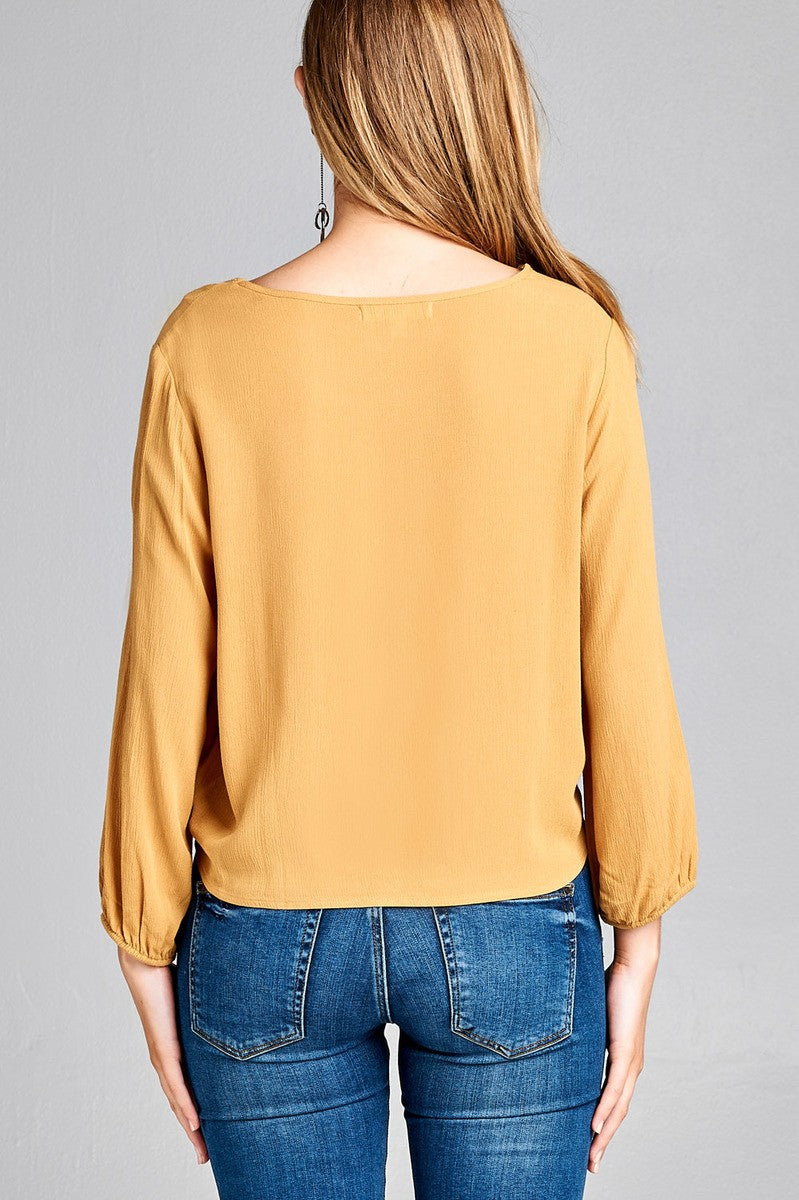 Ladies fashion long sleeve round neck front bow tie crinkle gauze woven top