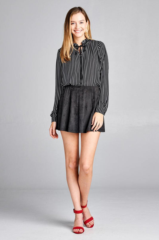 Ladies fashion long sleeve contrast tie stripe wool dobby woven top