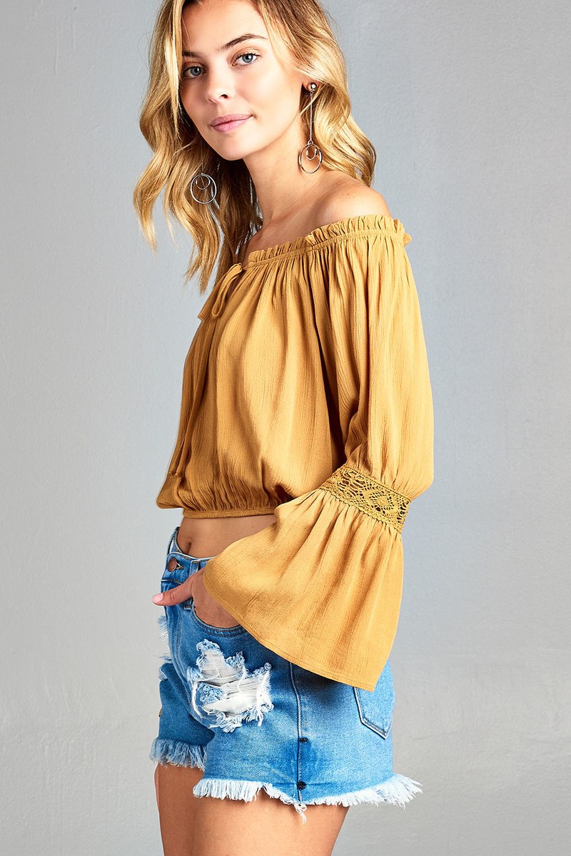 Ladies fashion long sleeve w/lace trim off the shoulder self tie front crinkle gauze woven top
