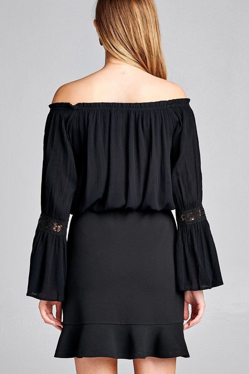 Ladies fashion long sleeve w/lace trim off the shoulder self tie front crinkle gauze woven top
