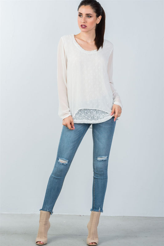 Ladies fashion long mesh sleeve top with lace underlining
