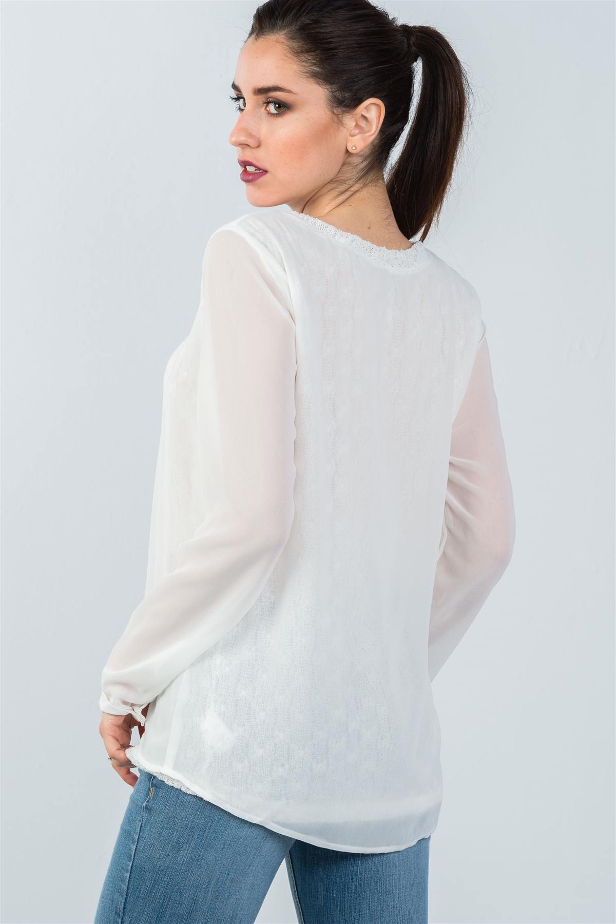 Ladies fashion long mesh sleeve top with lace underlining