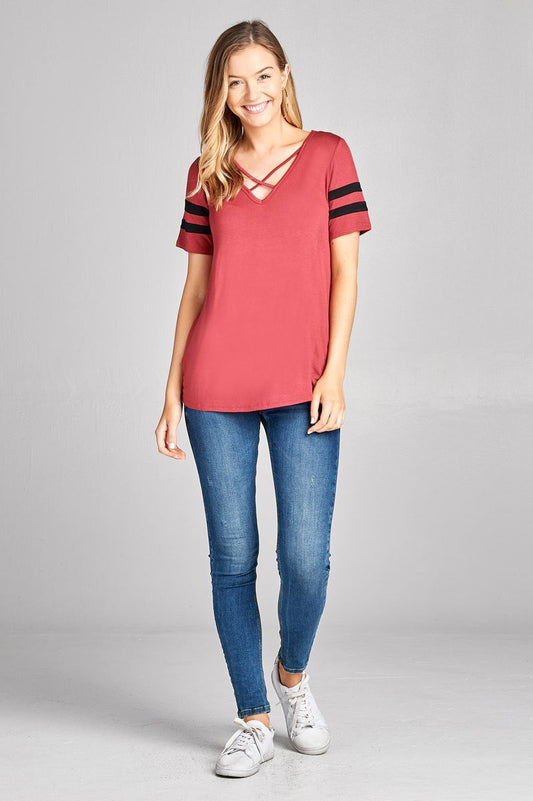 Ladies fashion plus size short sleeve double stripe v-neck w/cross strap rayon spandex top