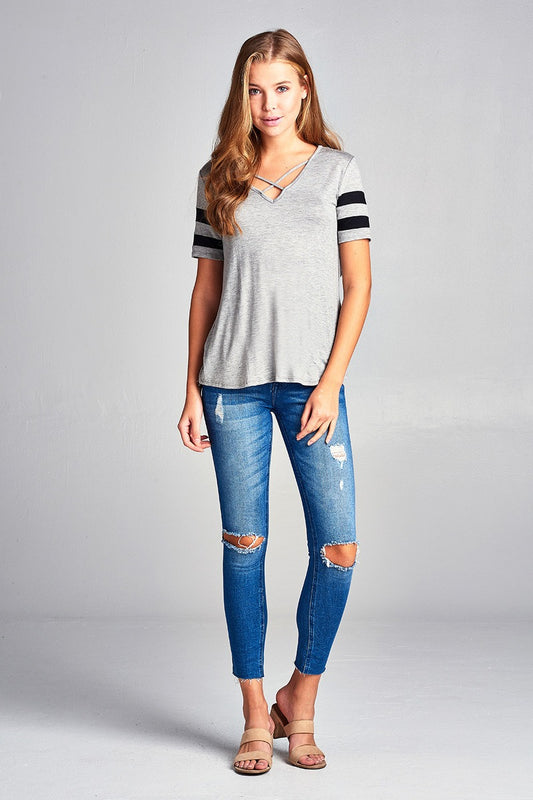 Ladies fashion plus size short sleeve double stripe v-neck w/cross strap rayon spandex top