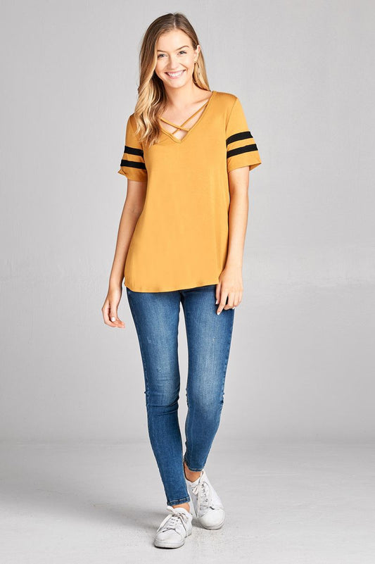 Ladies fashion plus size short sleeve double stripe v-neck w/cross strap rayon spandex top