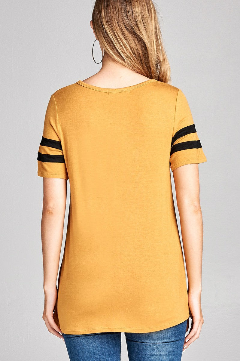 Ladies fashion plus size short sleeve double stripe v-neck w/cross strap rayon spandex top