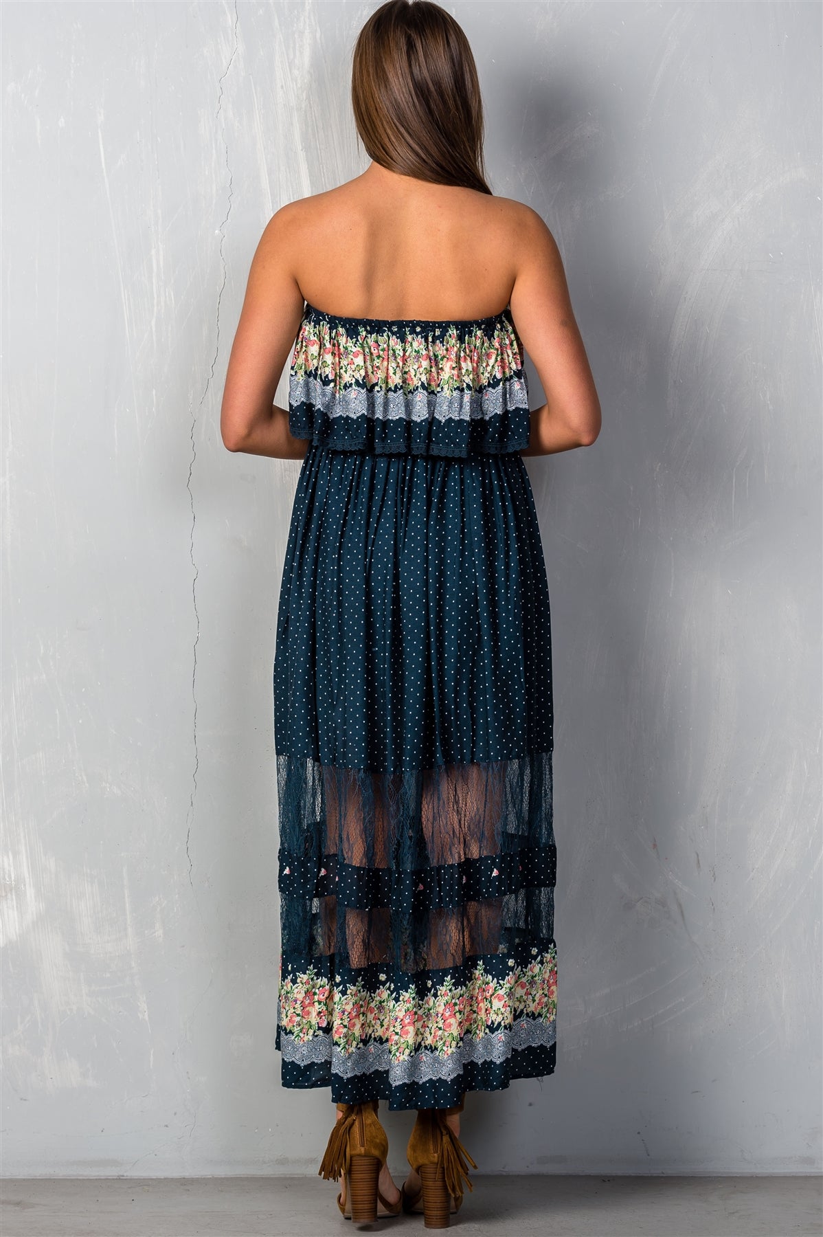 Ladies fashion polka dot w/ floral print navy flounce maxi boho dress